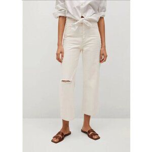 Mango Gabriela High Waist Distressed Knee Wide Leg Button Fly Jeans Ecru Sz 2